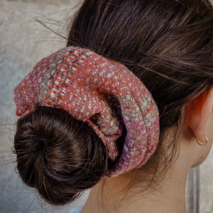 
                  
                    closeup of girl wearing pink tweed scrunchie
                  
                